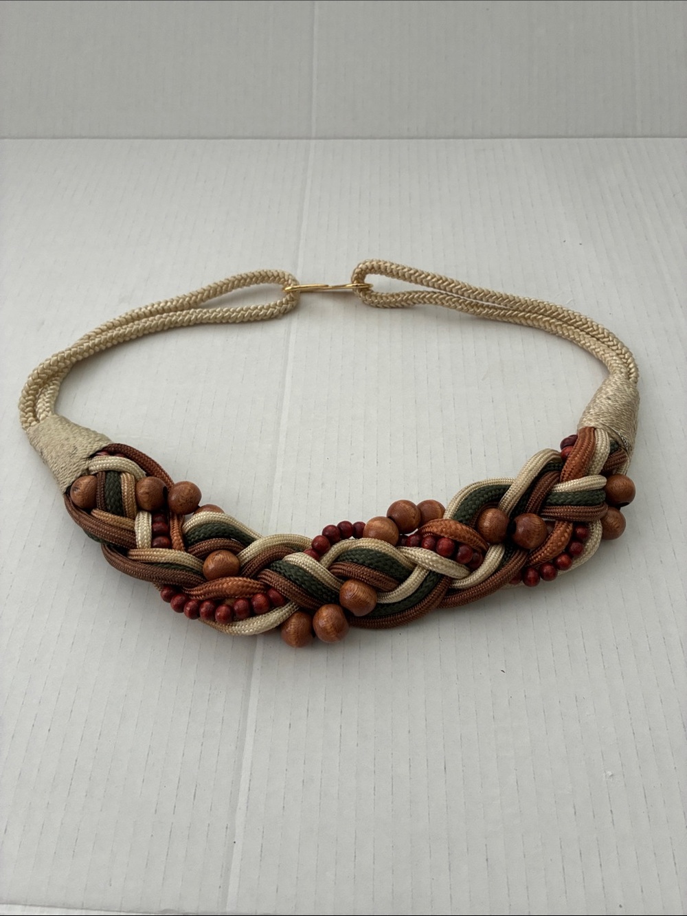 Vintage 1980’s Boho Woven Cinch Belt Beige Green and Brown Wooden Beads